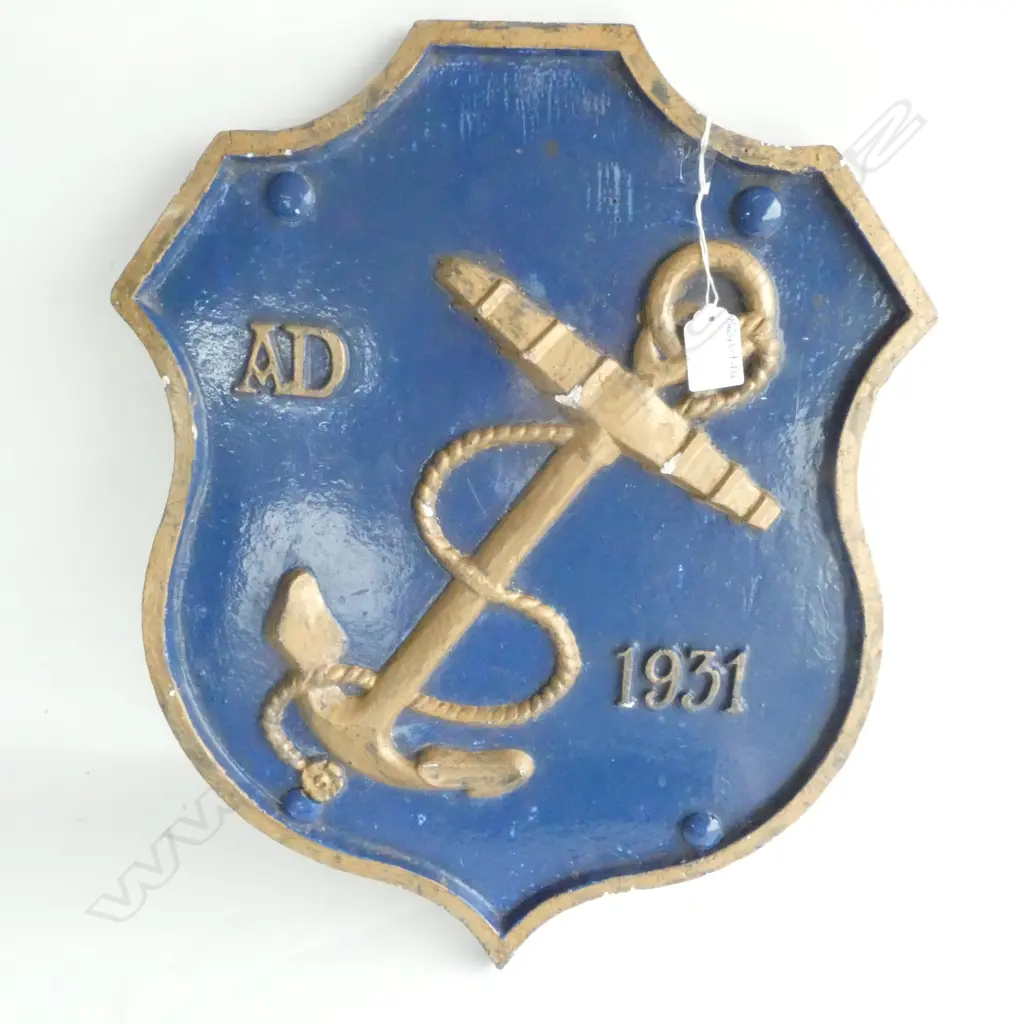 PLASTER REPLICA SHIELD PLAQUE BLUE & GOLD PAINTED FOULED ANCHOR - C1931 Image 1++