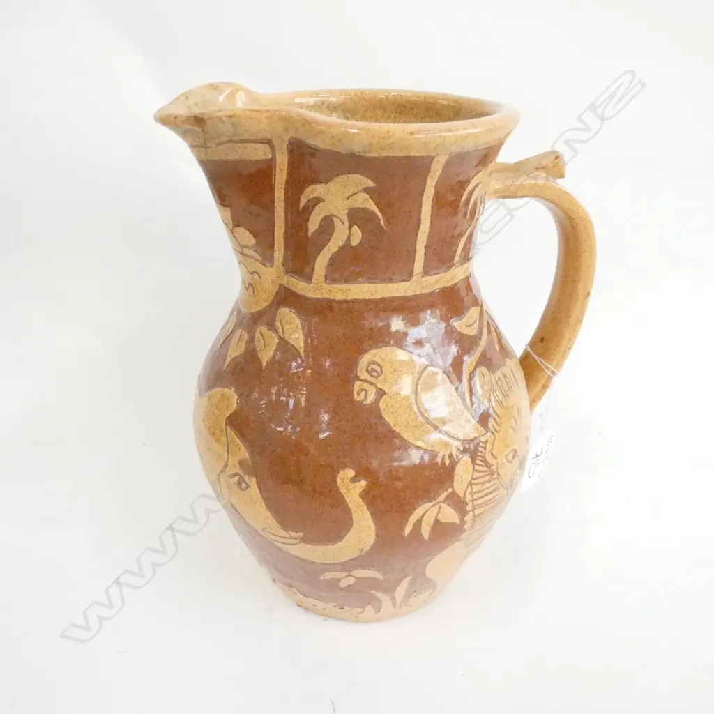  A RARE 19TH CENTURY LEAD GLAZED SLIPWARE JUG WITH UNUSUAL AFRICAN ANIMAL DECORATION H.220mm RESTORATION TO SPOUT Image 1++