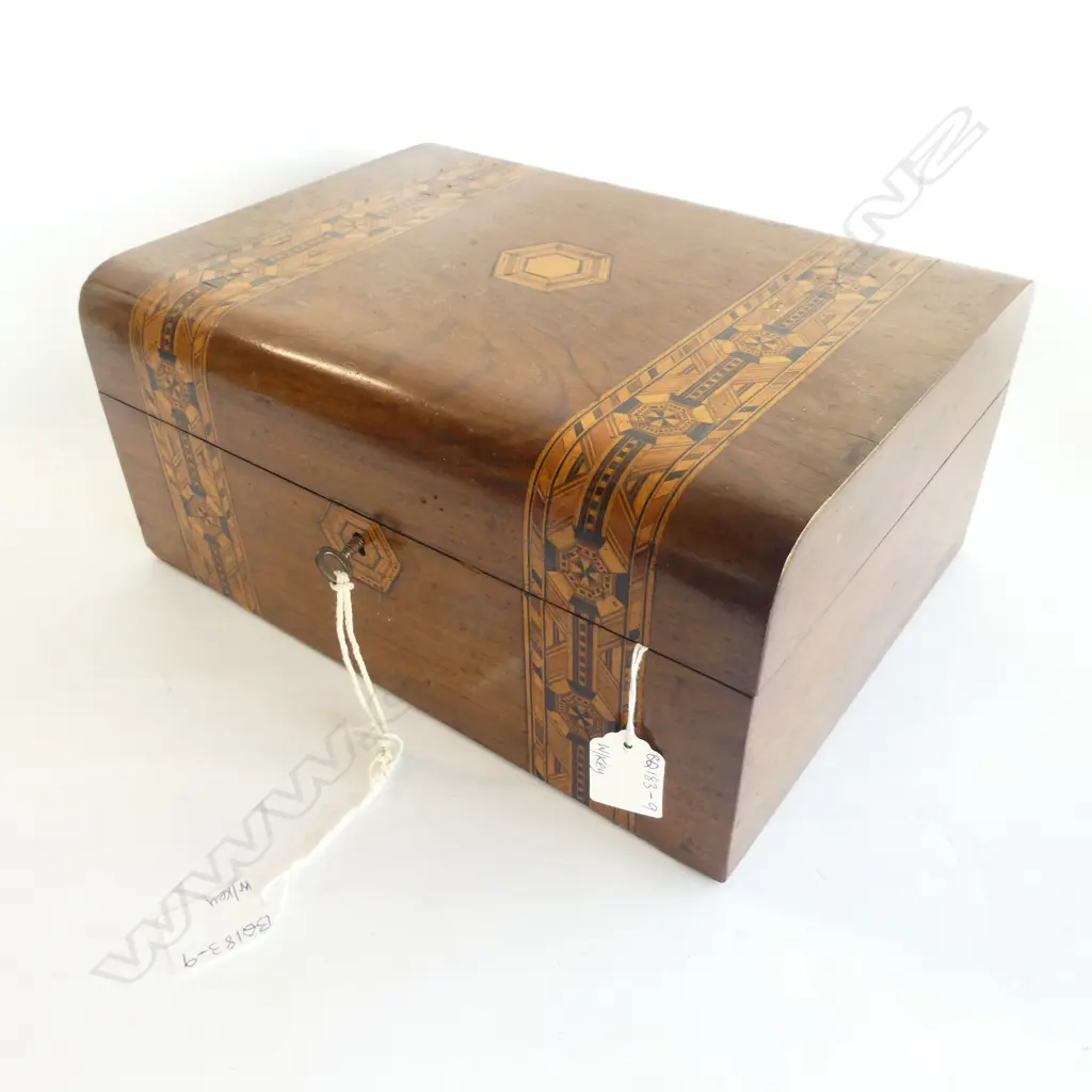 VICTORIAN TUMBRIDGE WARE WALNUT INLAID JEWELLERY BOX  WITH KEY, 300 X 220MM X H 130MM Image 1++