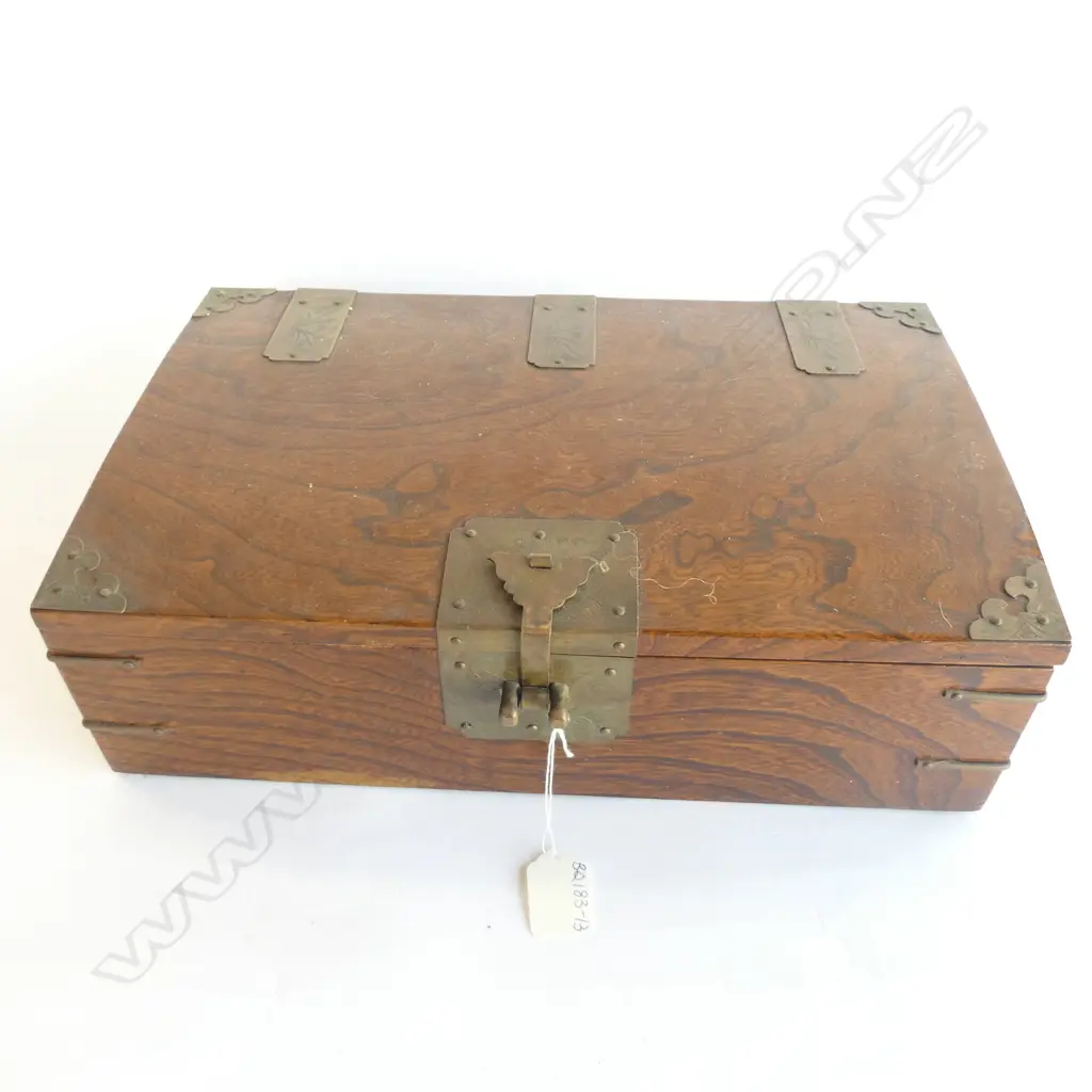 CHINESE HARDWOOD BOX WITH BRASS DETAIL & LOCK, CALLIGRAPHY LINED, 365 X 230 X H. 100MM Image 1++