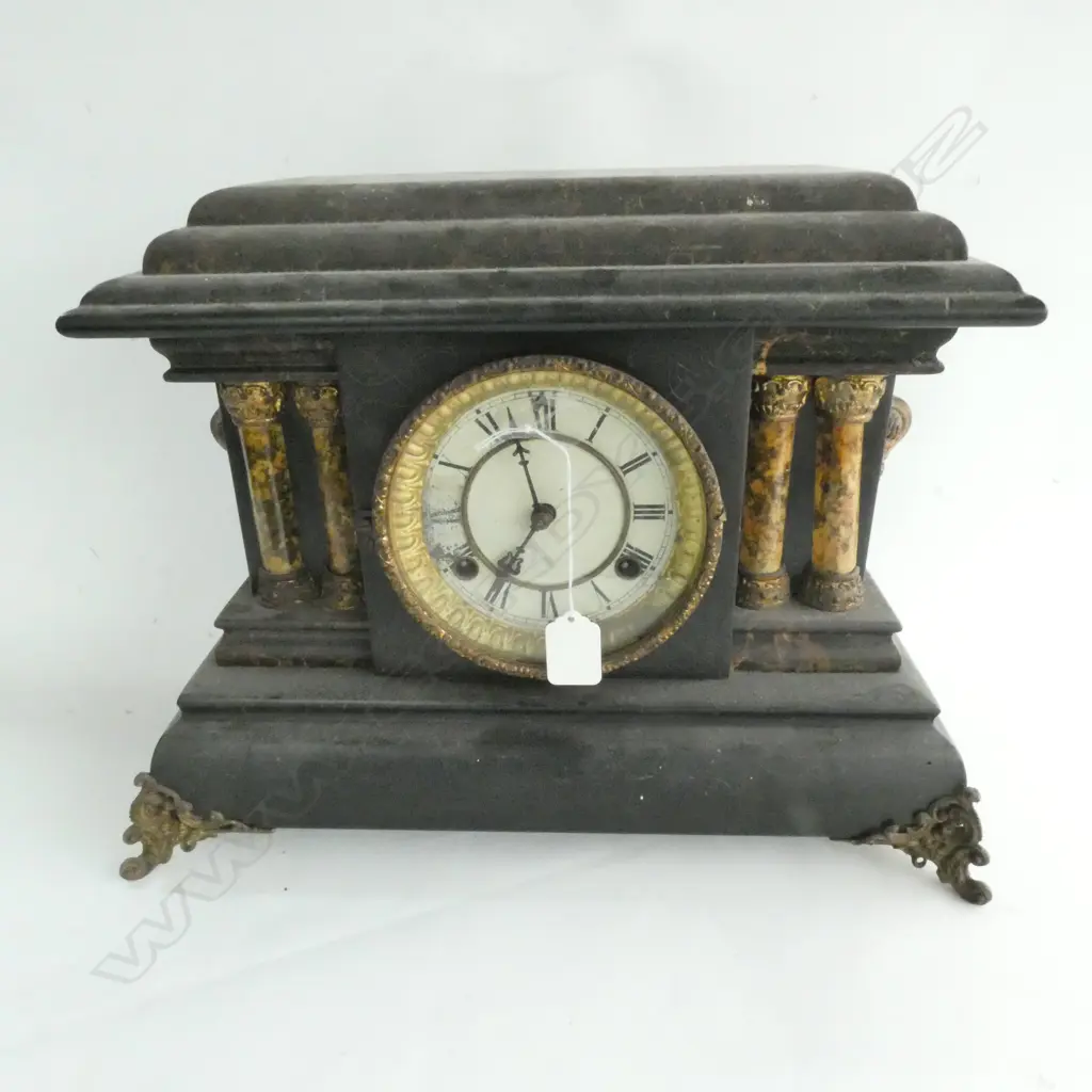 FAUX MARBLE WATERBURY MANTEL CLOCK L 140 MM APPARENTLY WORKING Image 1++
