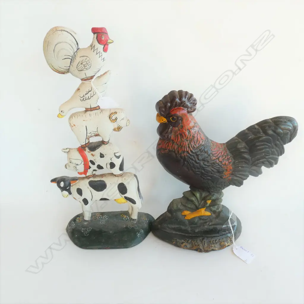 TWO CAST IRON DOORSTOPS -  ROOSTER  & FARM ANIMALS.  Image 1++