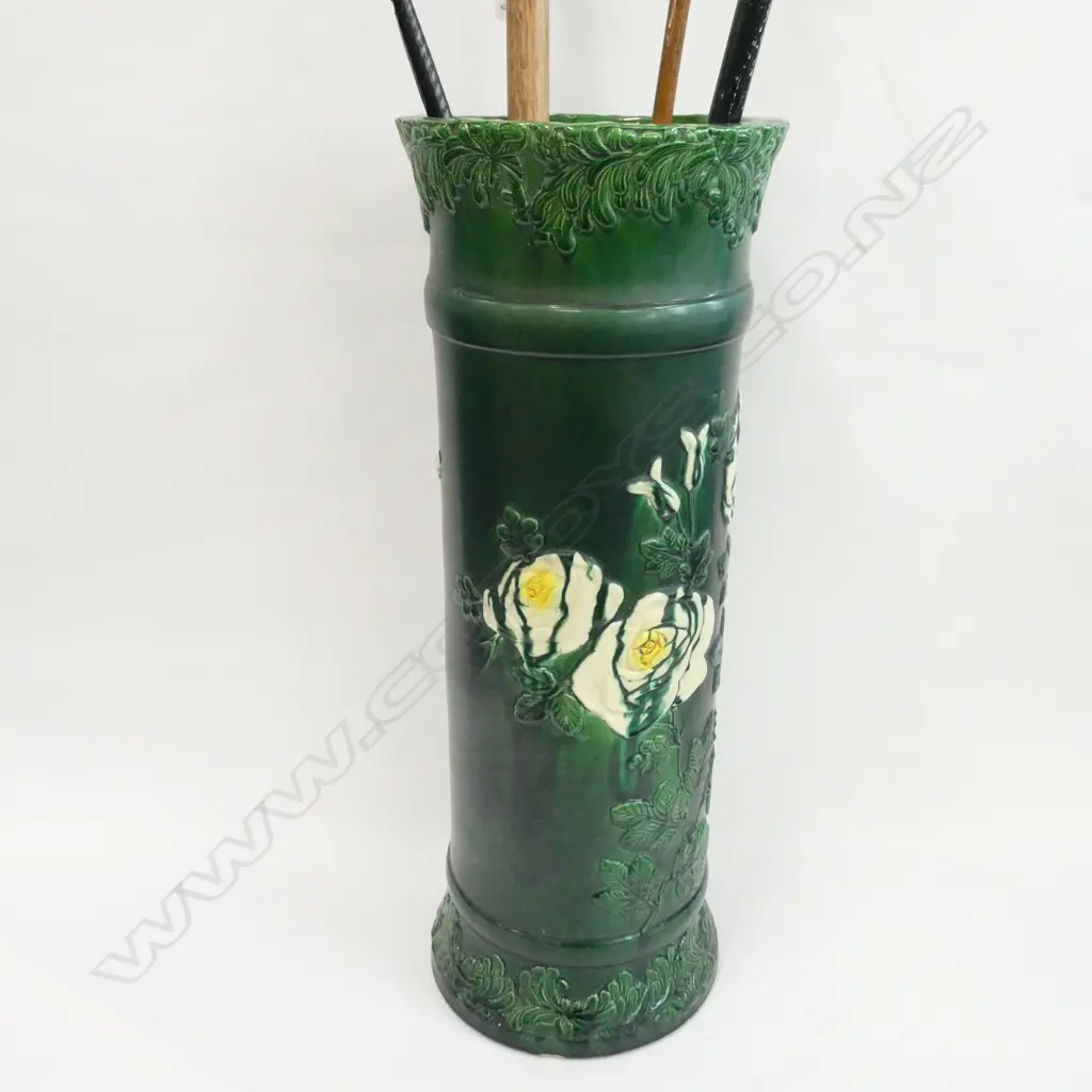 OLD GREEN GLAZED MAJOLICA UMBRELLA STAND H. 620MM Image 1++