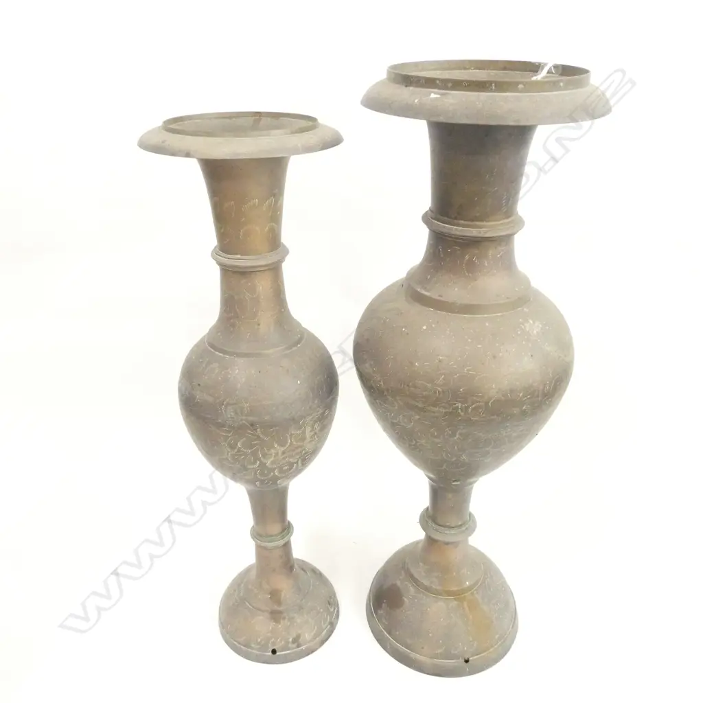 2 VINTAGE TALL INDIAN ENGRAVED BRASS VASE GRADUATING HEIGHTS Image 1++