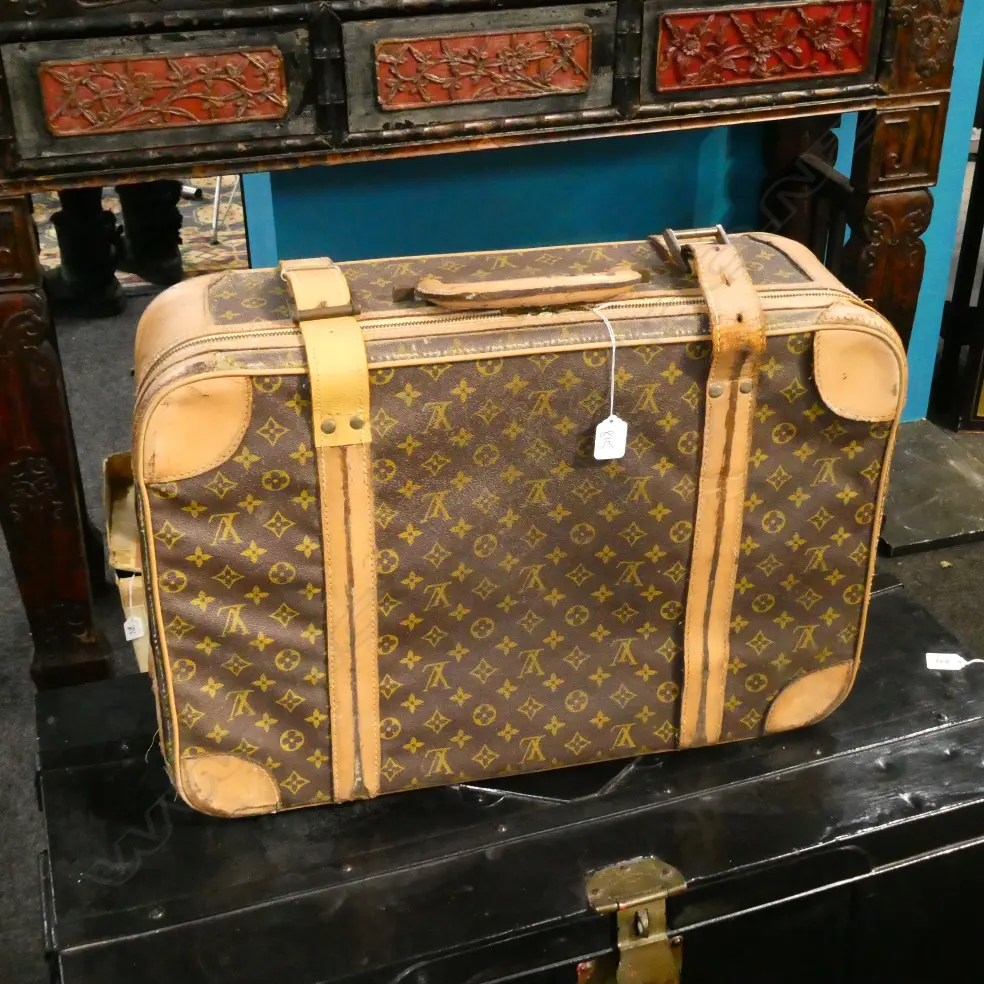 VINTAGE LOUIS VUITTON SUITCASE; CONSIDERABLY WORN & REPAIRED Image 1++