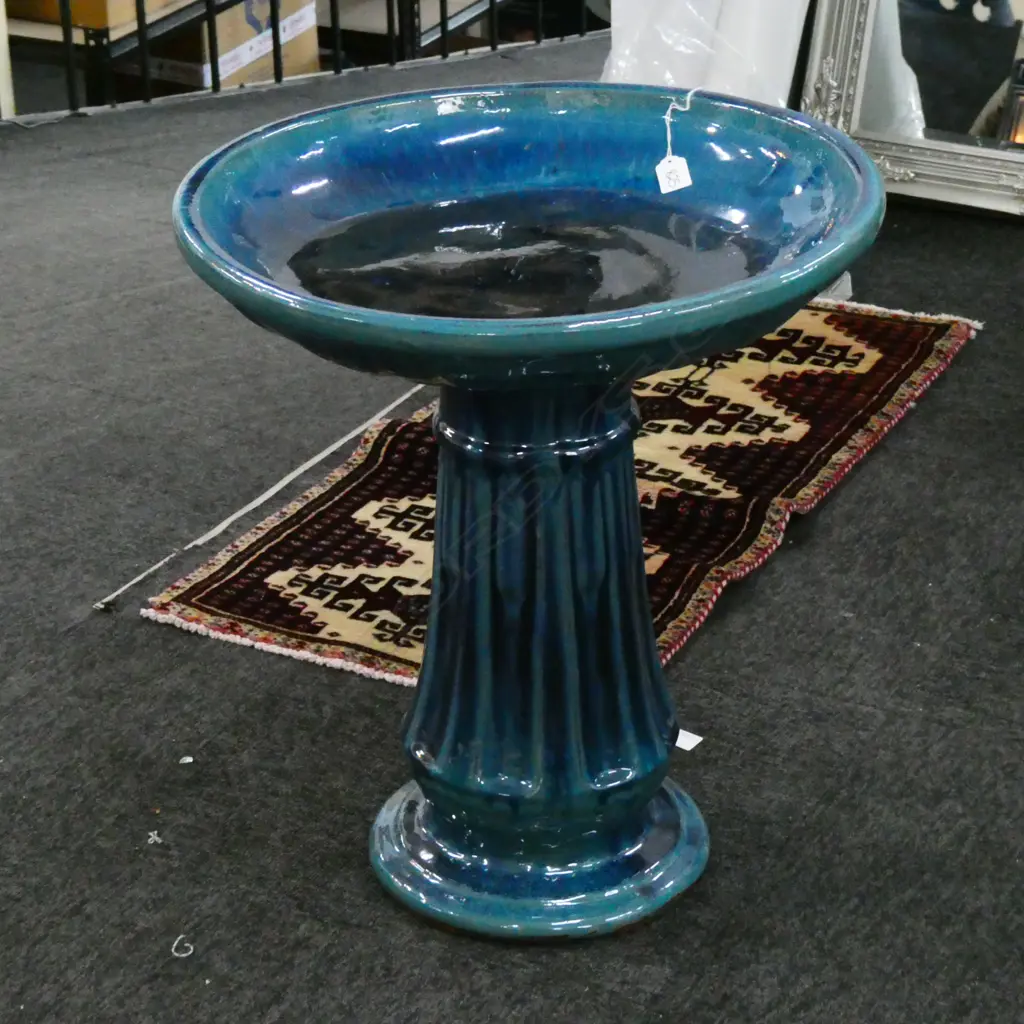BIRDBATH  RICH TURQUOISE BLUE GLAZE PEDESTAL BASE. H.580mm Image 1++