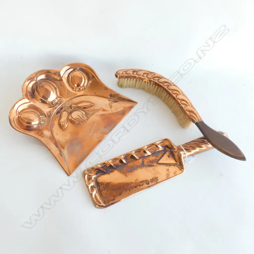 3 PC COPPER SET;  FIRE BRUSH & TWO PANS Image 1++