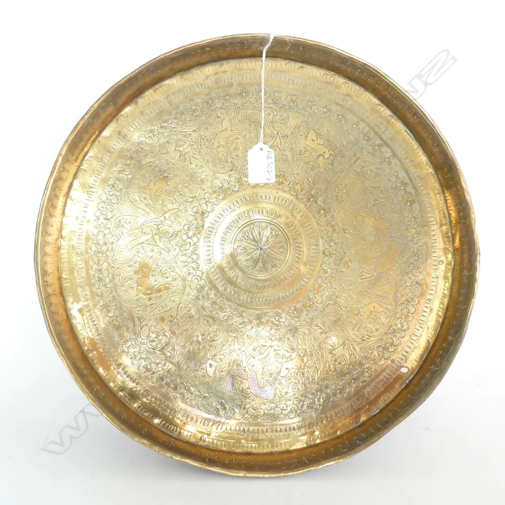 MIDDLE EASTERN ETCHED BRASS TRAY OR WALL HANGING, W. 370MM Image 1++