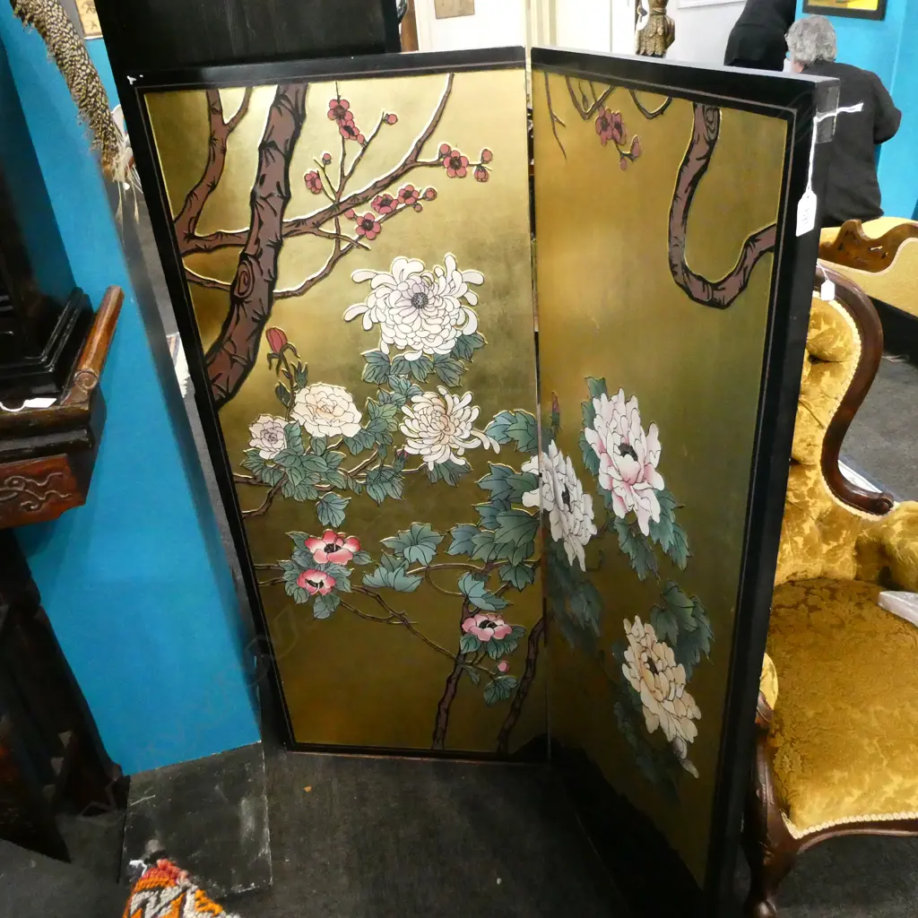 A DOUBLE CHINESE SCREEN WITH FLOWERS AND GILDED BACK DROP Image 1++