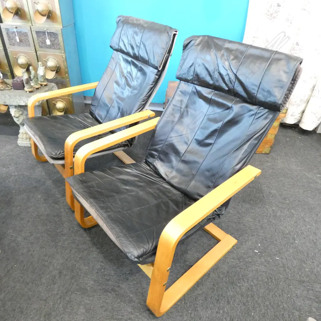 PR PLYWOOD & BLACK LEATHER CHAIRS CANVAS FADED  Image 1++