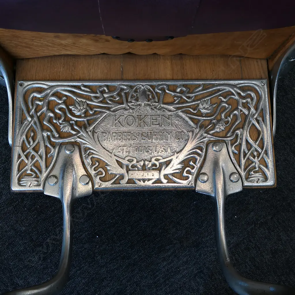 VINTAGE KOKEN BARBER'S CHAIR, CARVED WOOD & BURGUNDY LEATHER, 580 X 960 X 1000MM Image 1++