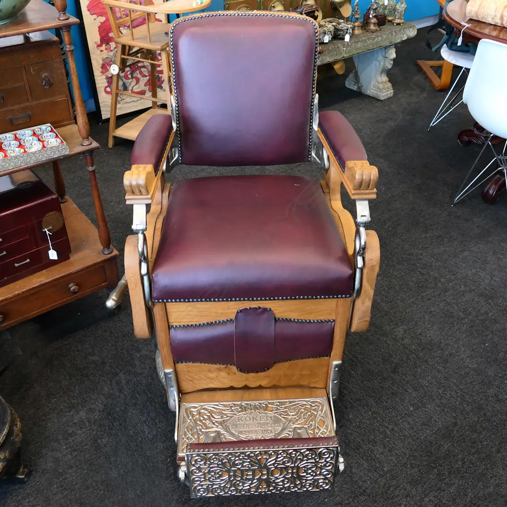VINTAGE KOKEN BARBER'S CHAIR, CARVED WOOD & BURGUNDY LEATHER, 580 X 960 X 1000MM Image 1++