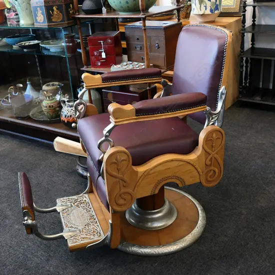 VINTAGE KOKEN BARBER'S CHAIR, CARVED WOOD & BURGUNDY LEATHER, 580 X 960 X 1000MM