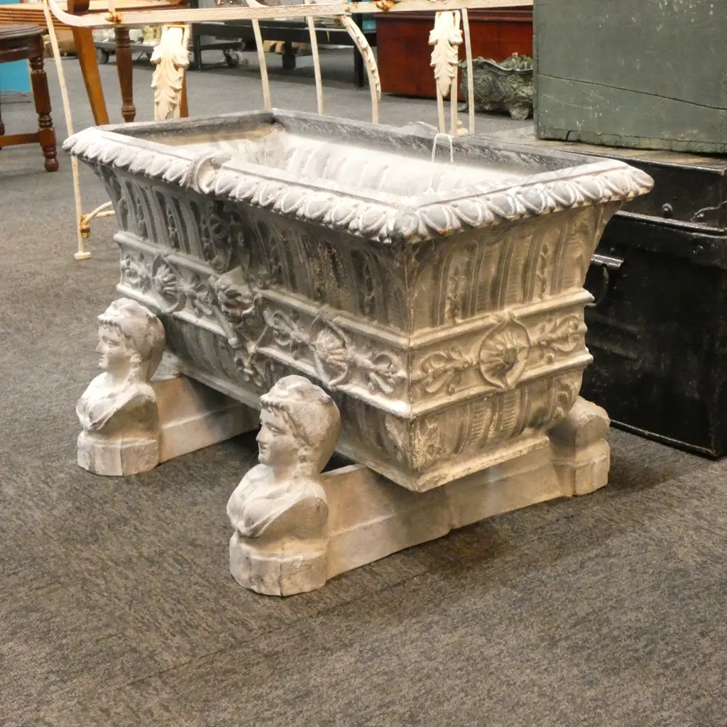 PAIR CAST IRON SQUARE GARDEN PLANTERS - LEAD FINISH Image 1++