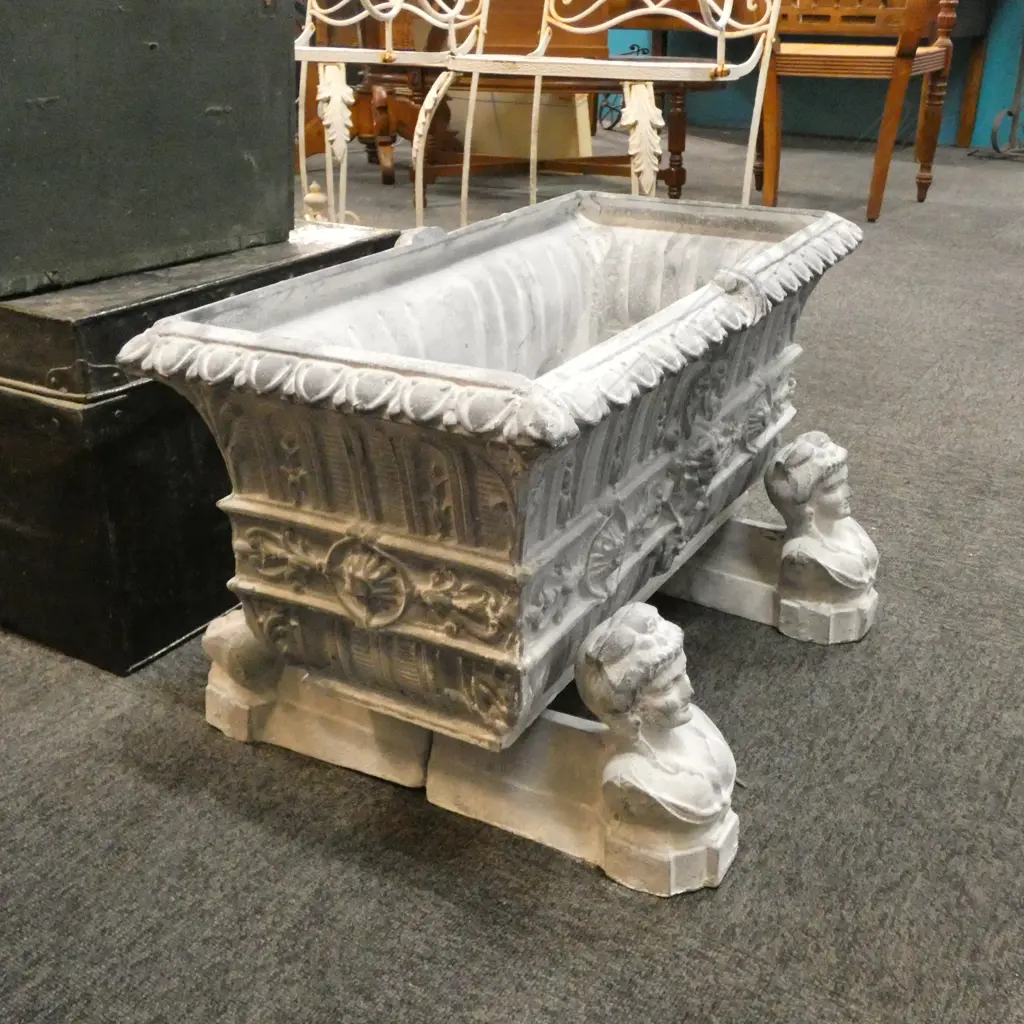 PAIR CAST IRON SQUARE GARDEN PLANTERS - LEAD FINISH Image 1++