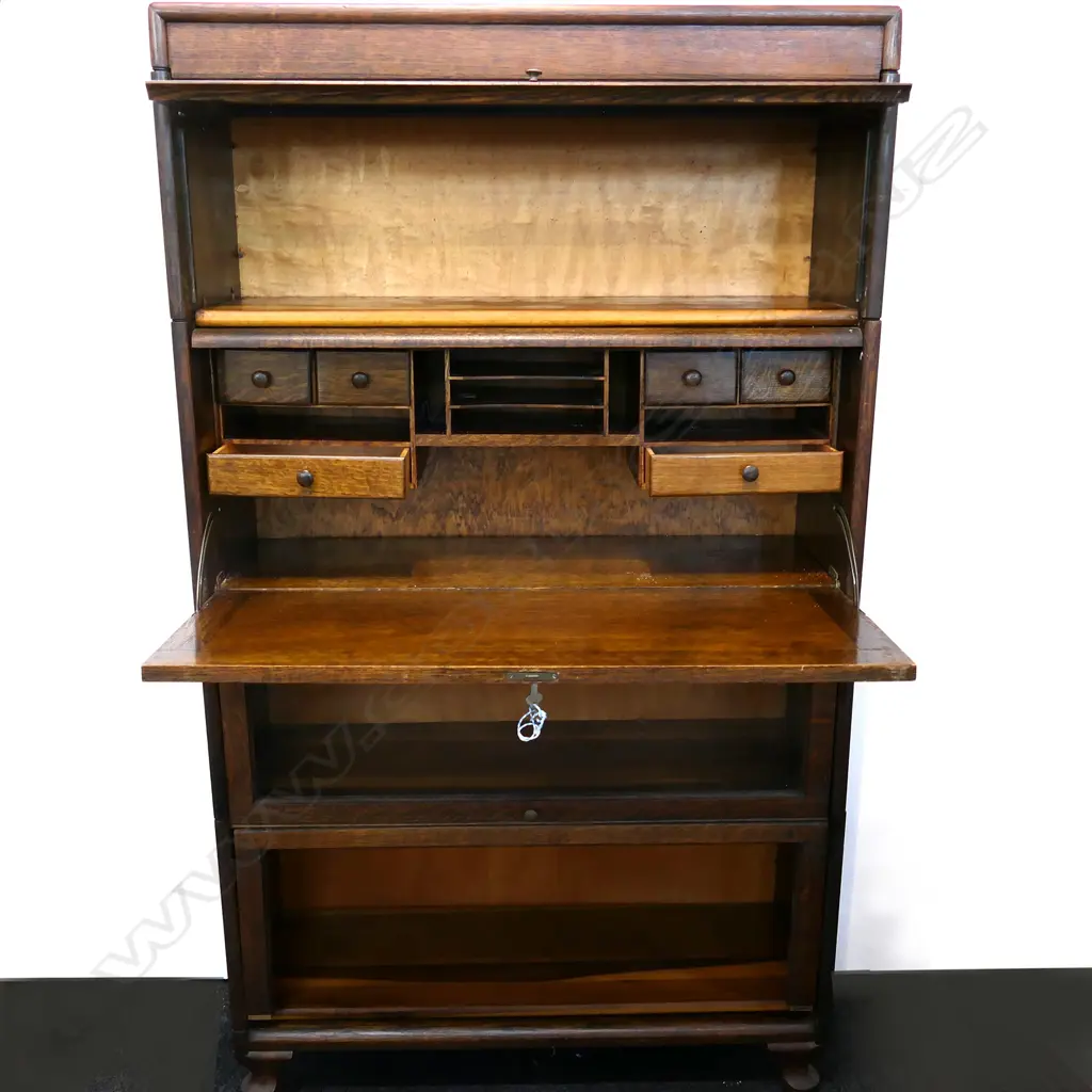 EARLY 20THC AMERICAN OAK GLAZED BOOKCASE/DESK, 870 X 320 X 1510MM Image 1++
