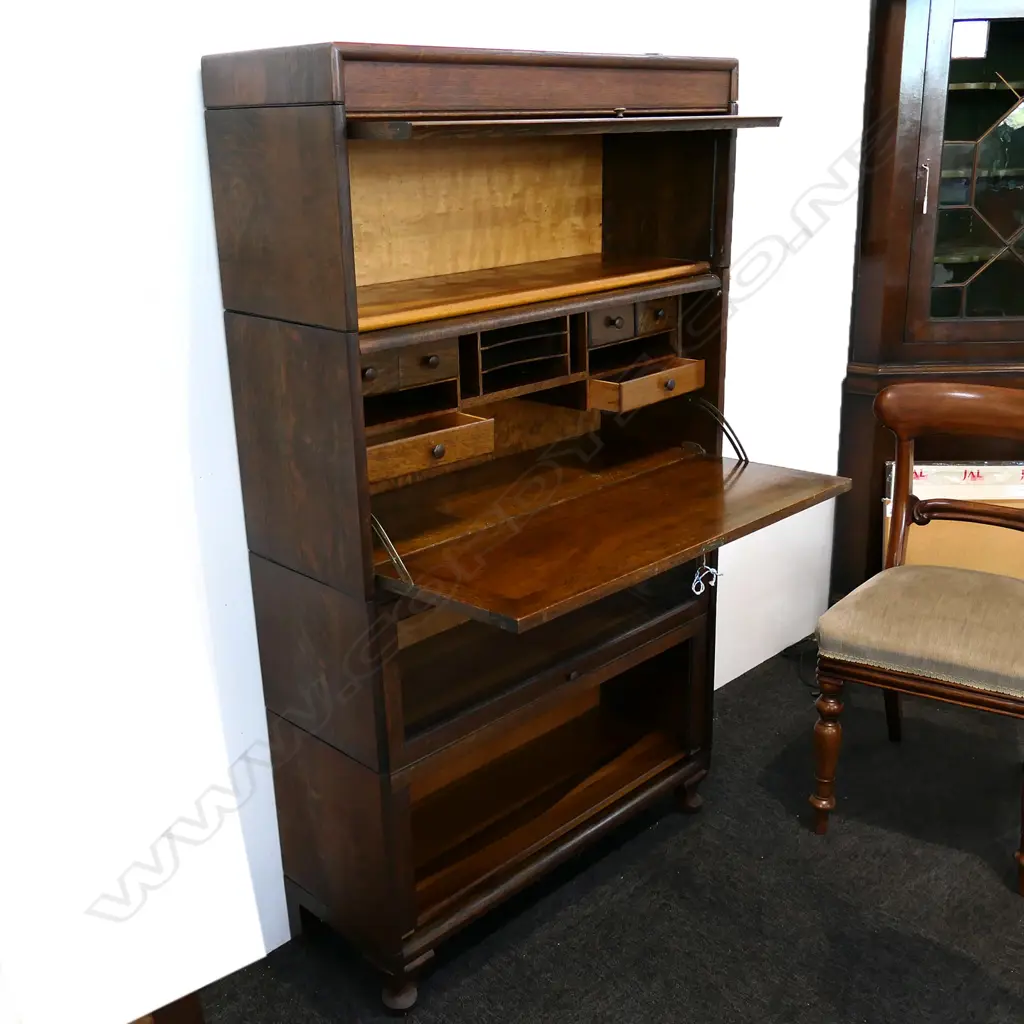 EARLY 20THC AMERICAN OAK GLAZED BOOKCASE/DESK, 870 X 320 X 1510MM Image 1++