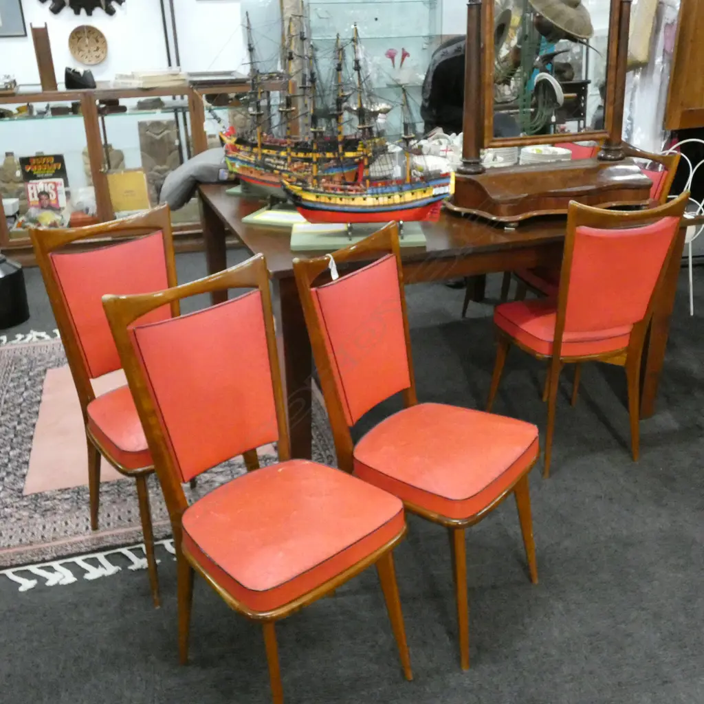 SIX FRENCH MID CENTURY DINING CHAIRS; RED VINYL BLACK PIPING Image 1++