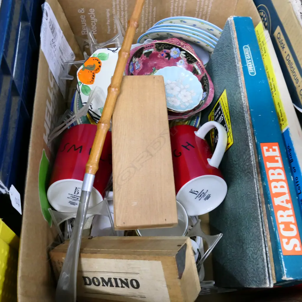 BOX LOT ASST. CERAMICS, GAMES ETC Image 1++