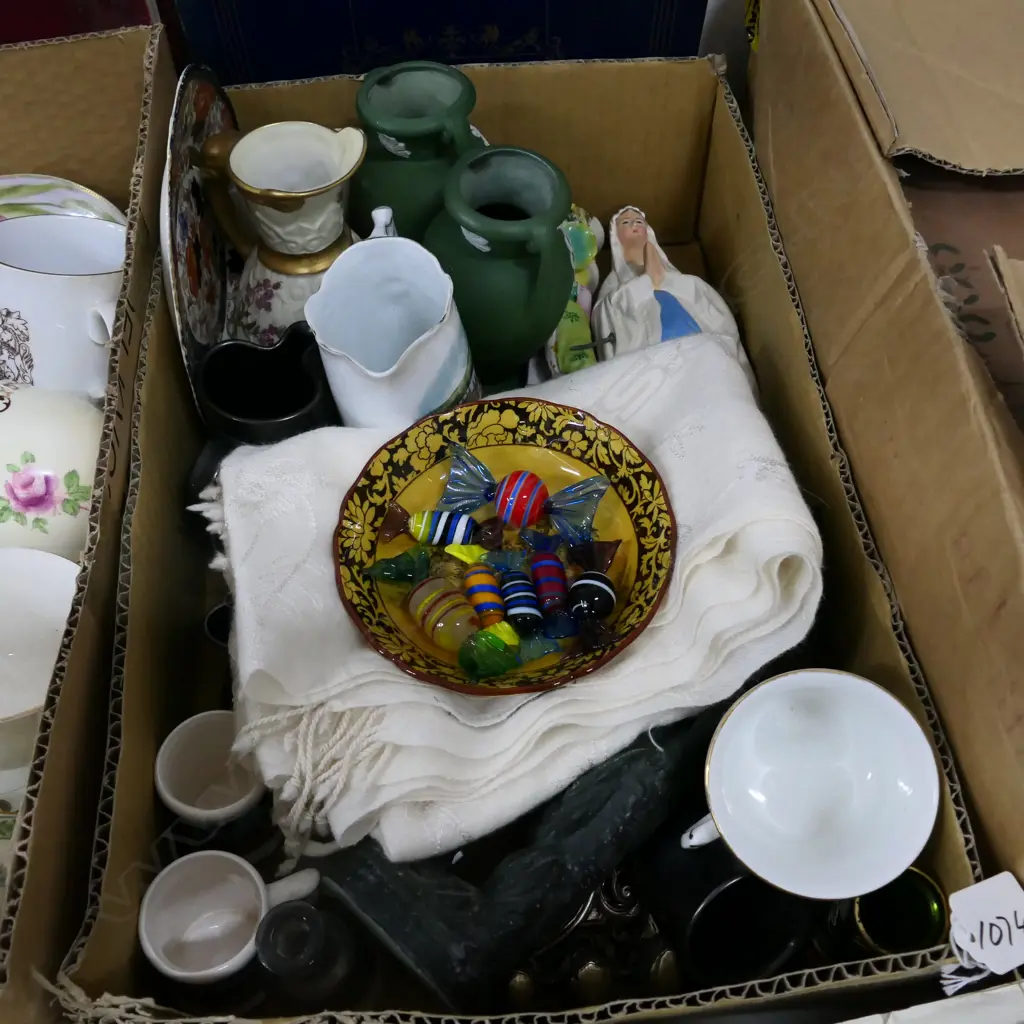 BOX LOT ASST. CERAMICS, CASHMERE SCARF ETC Image 1++