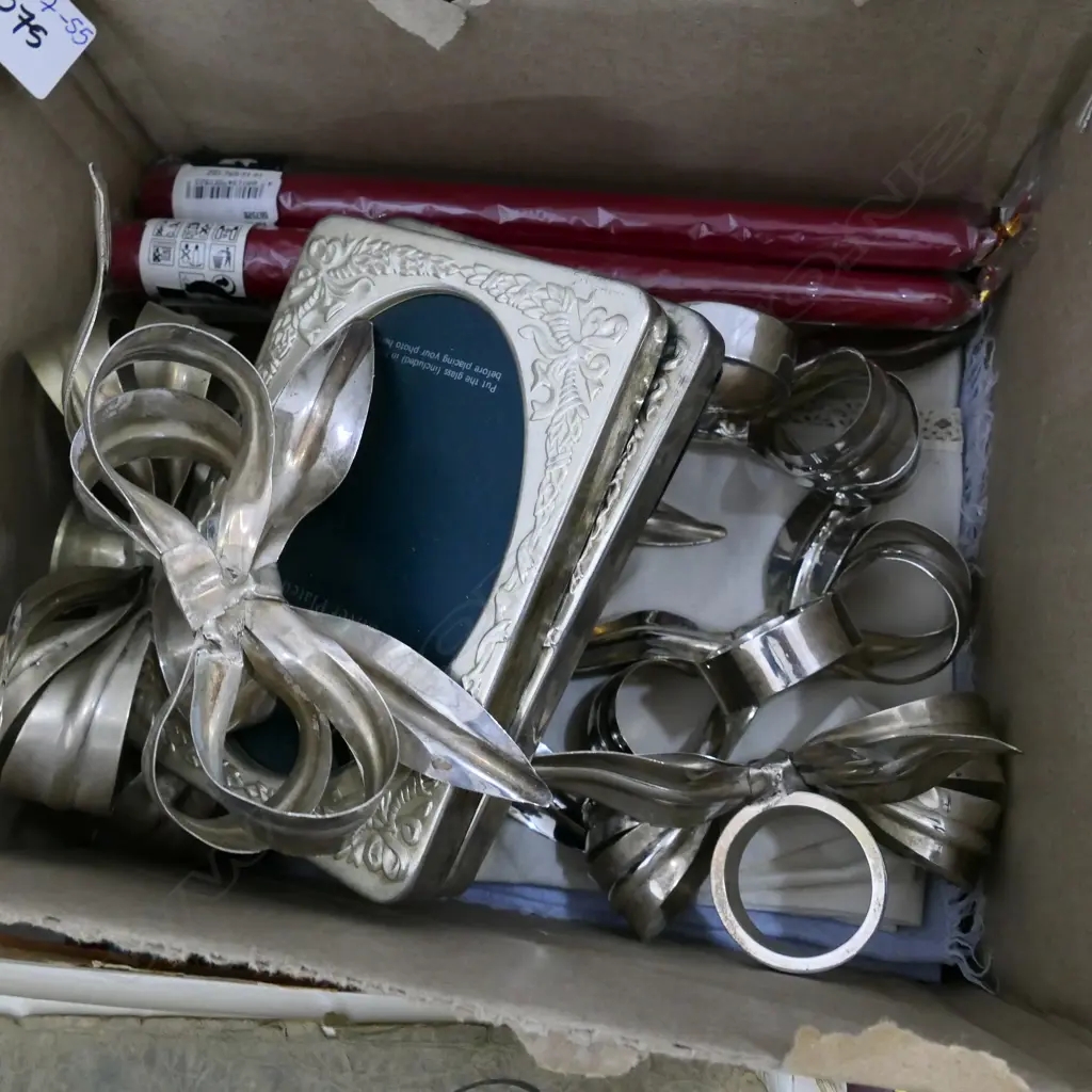 BOX SILVER PLATE; PR FRAMES 145 X 110MM & SET OF NAPKIN RINGS & CANDLE HOLDERS  Image 1++