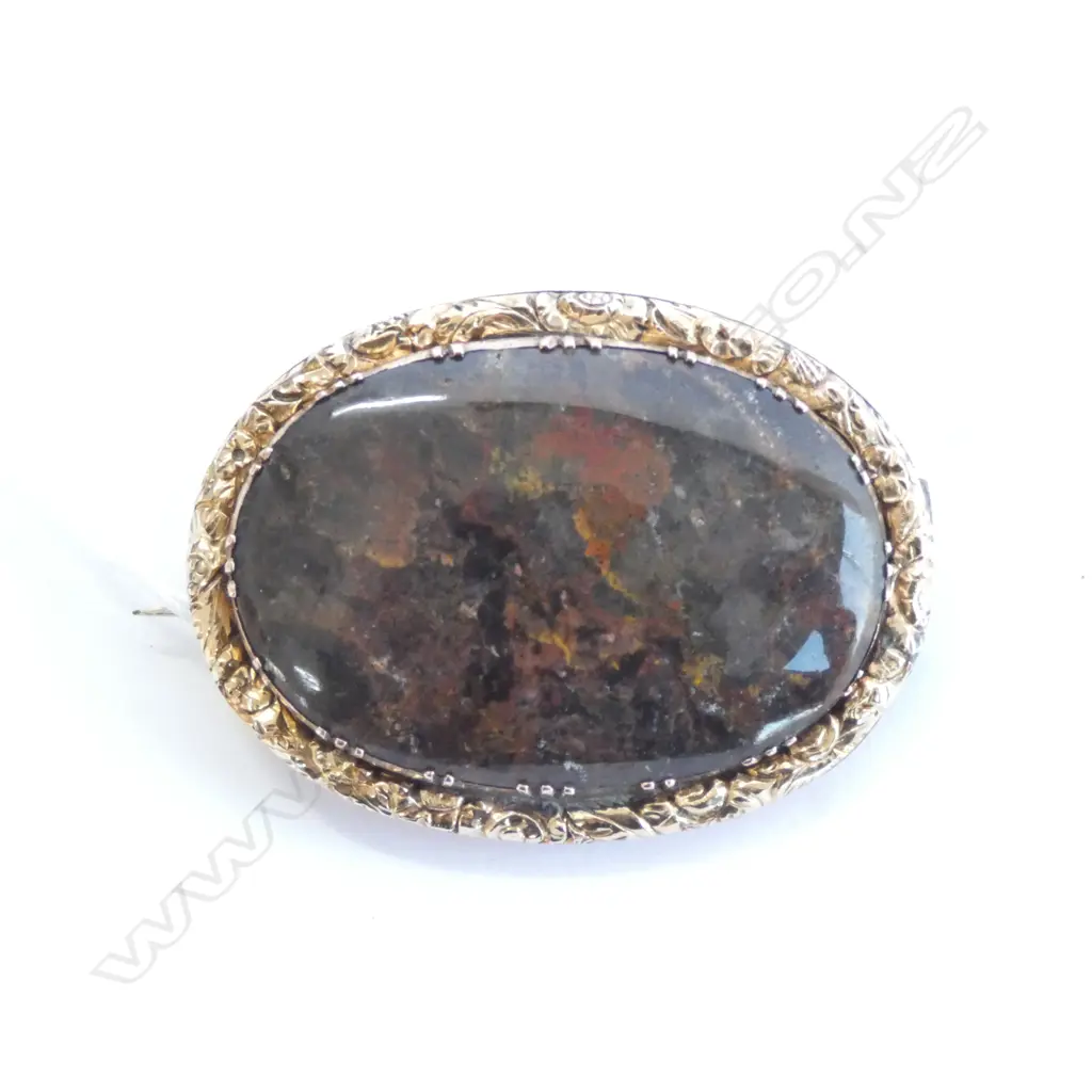 MOSS AGATE BROOCH GOLD AND GOLD PLATED FRAME Image 1++