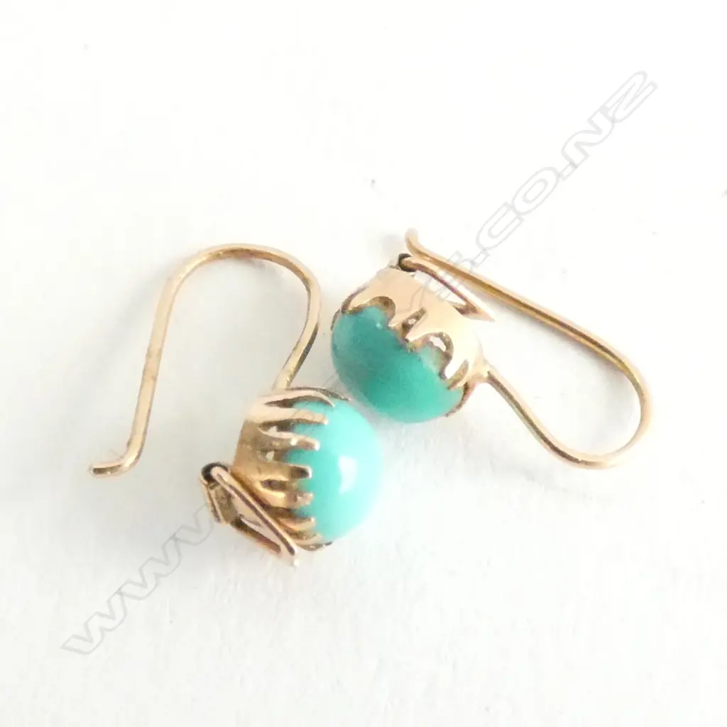 (18615) 9ct & TURQUOISE PR EARRINGS HOOKS FOR PIERCED EARS Image 1++