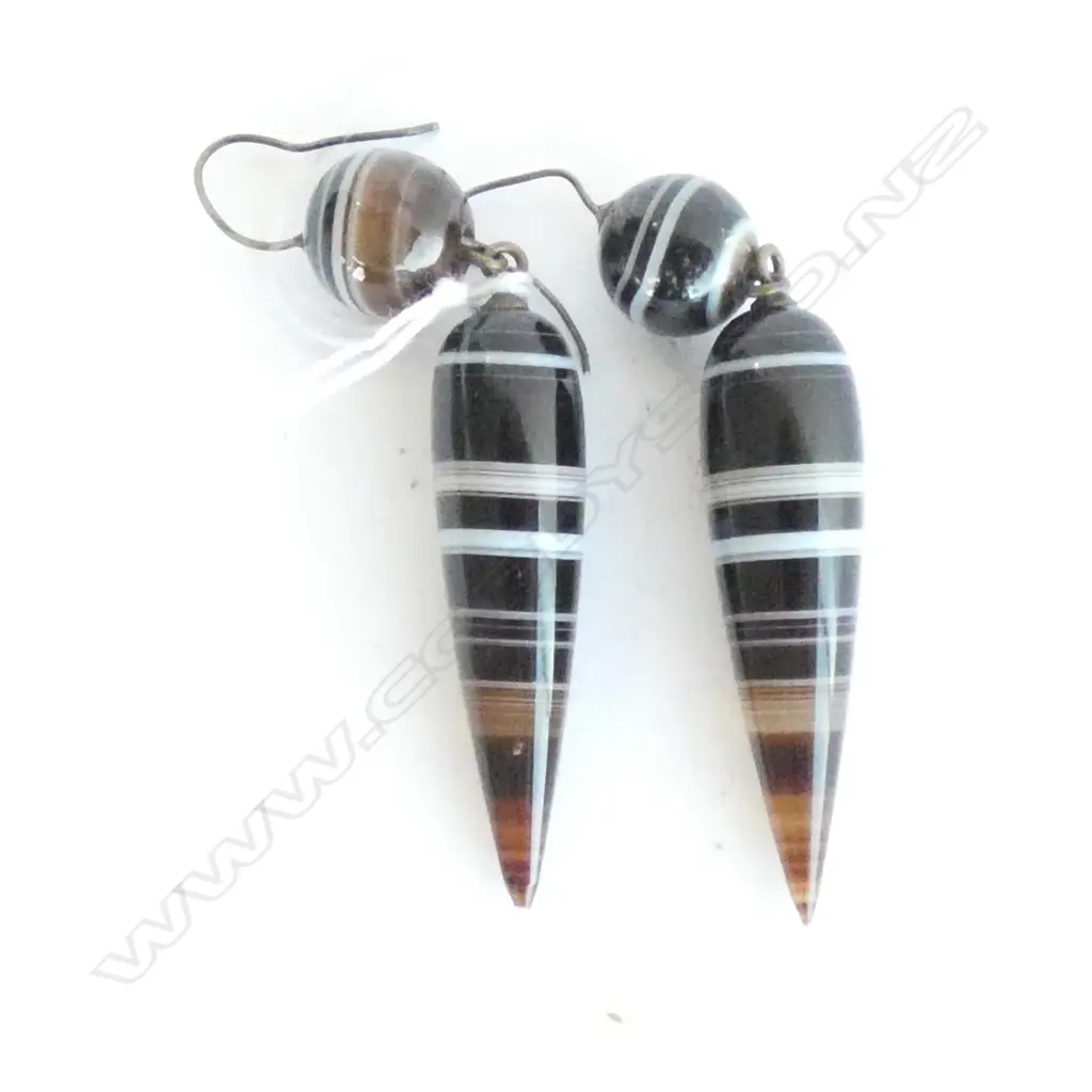 PR VINTAGE BANDED AGATE DROP EARRINGS Image 1++