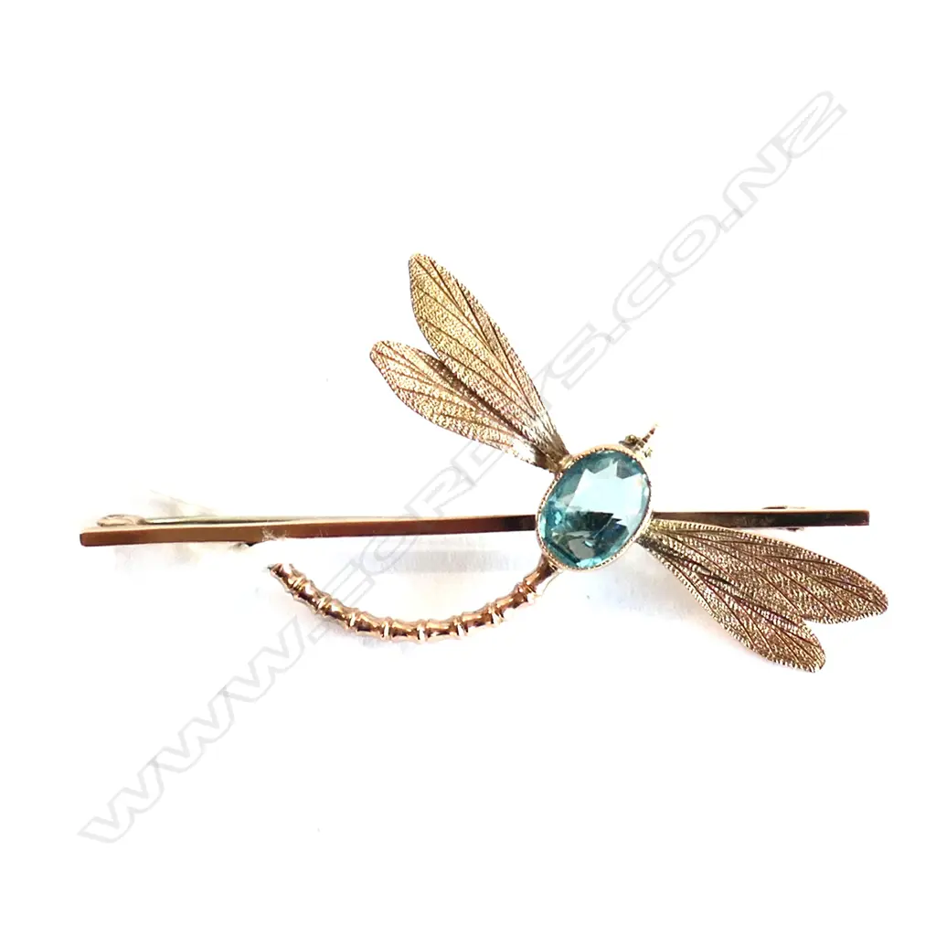9CT GOLD & BLUE STONE DRAGONFLY BROOCH 5.4 GRAMS Image 1++