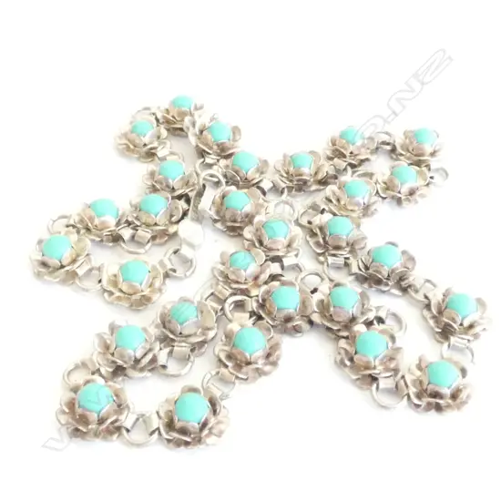 (020)VINTAGE SILVER & AQUA GREEN BEAD FANCY NECKLACE