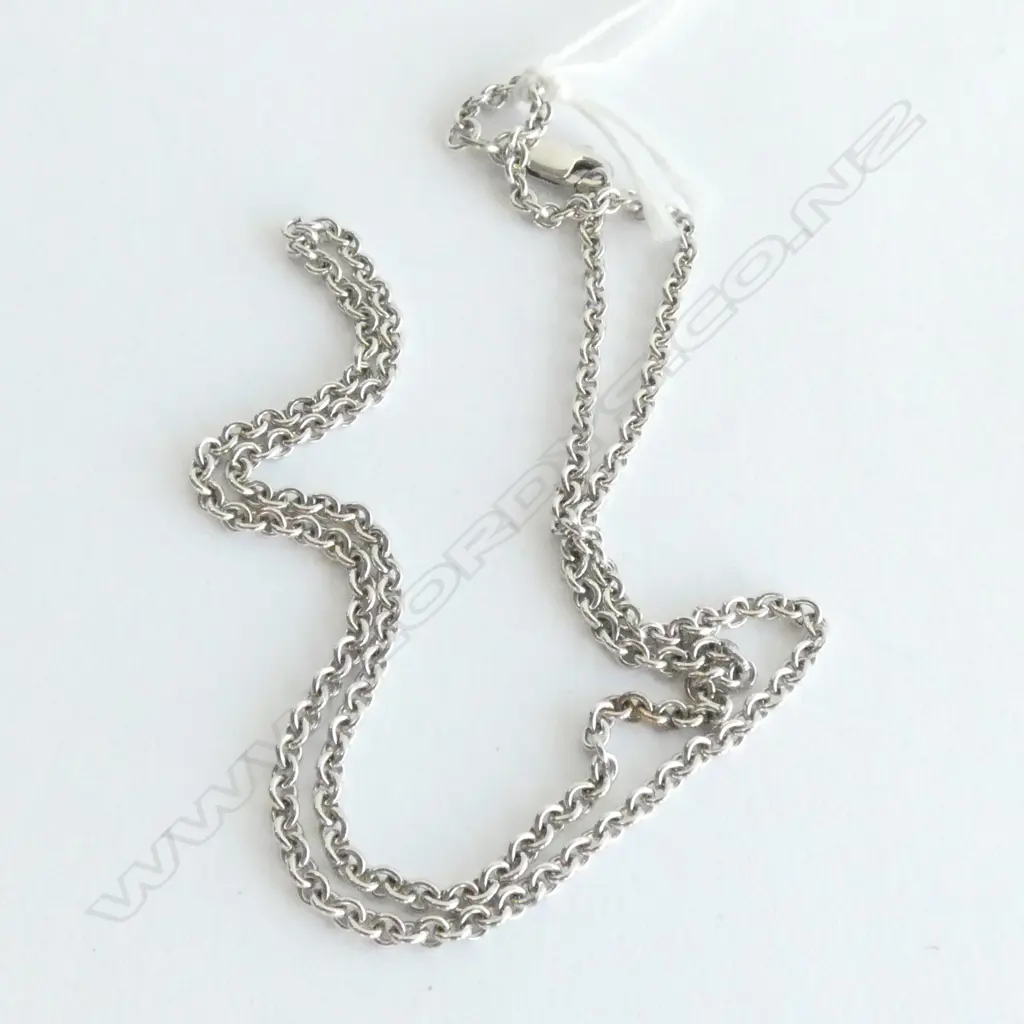 A 9ct. white gold neck chain of circular links with parrot beak clasp.  Length 440 Image 1++