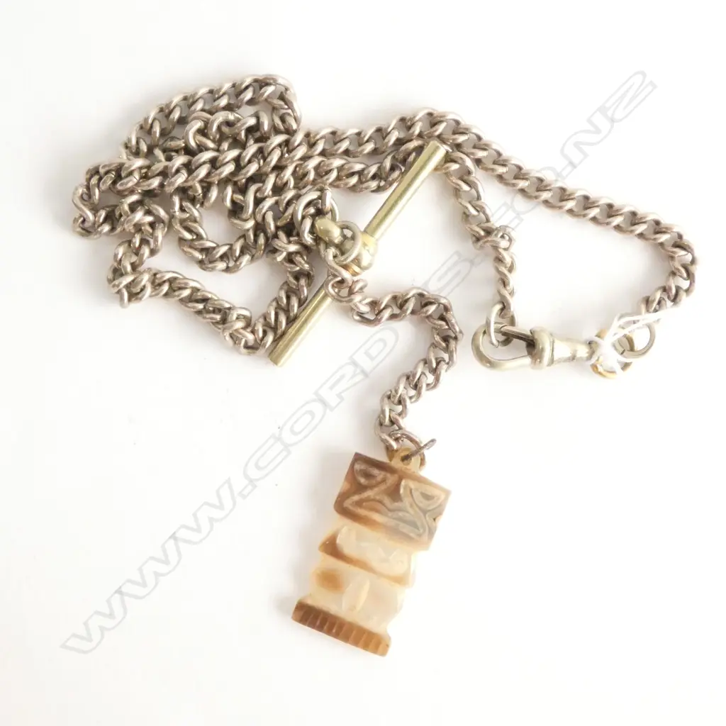 SILVER PLATE WATCH CHAIN AND HAWAIIAN M.O.P. TIKI FIGURE Image 1++