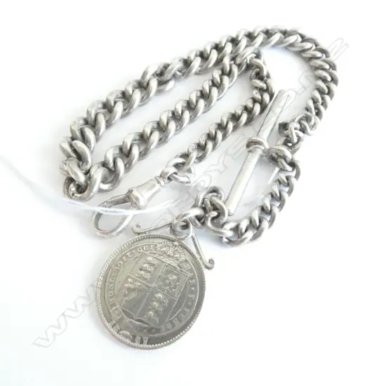 (016) SILVER ANTIQUE CURB LINK ALBERT CHAIN...