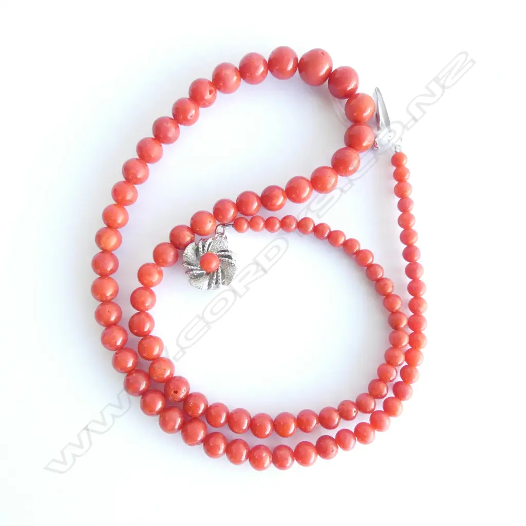 RED CORAL BEAD NECKLACE, SILVER CLASP. IN ORIGINAL BOX.  Image 1++