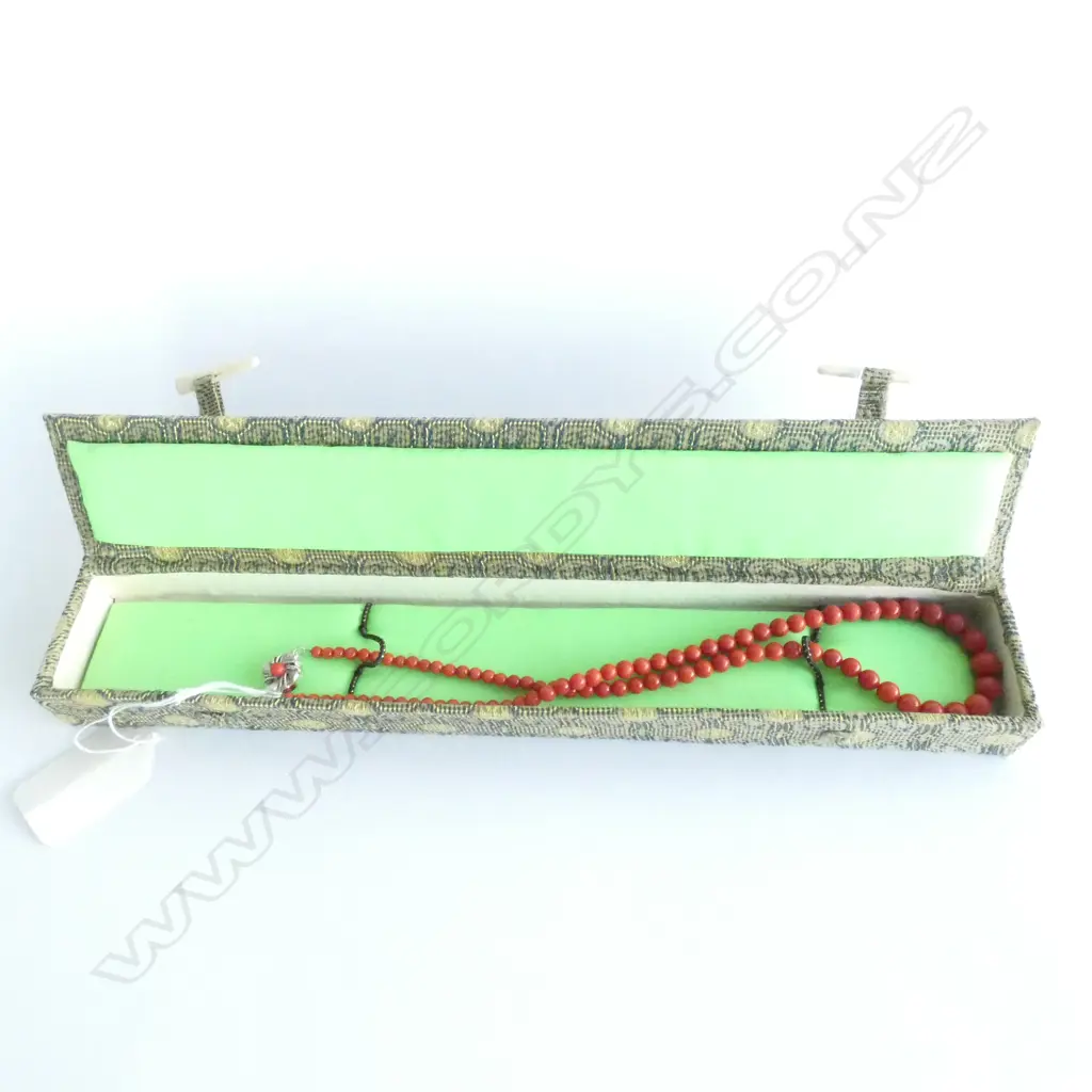 RED CORAL BEAD NECKLACE, SILVER CLASP. IN ORIGINAL BOX.  Image 1++