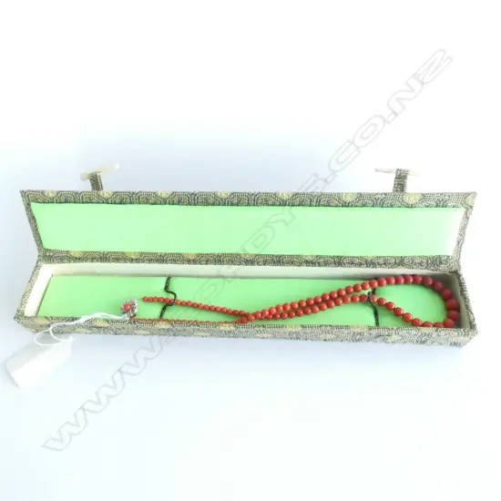 RED CORAL BEAD NECKLACE, SILVER CLASP. IN ORIGINAL BOX. 