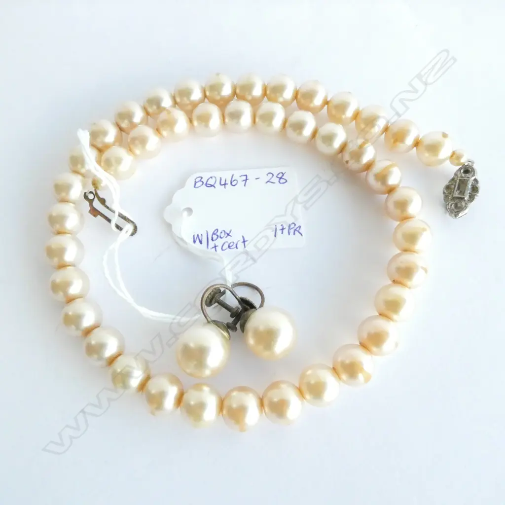 CULTURED ASAHI PEARL NECKLACE & EARRINGS SET IN STG SILVER (SCREW IN). Image 1++