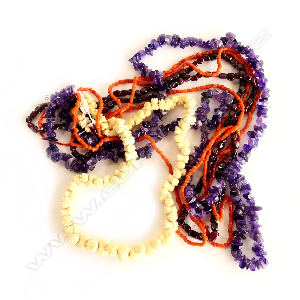 4 NECKLACES; CORAL, AMETHYST, BONE, GARNET Image 1++