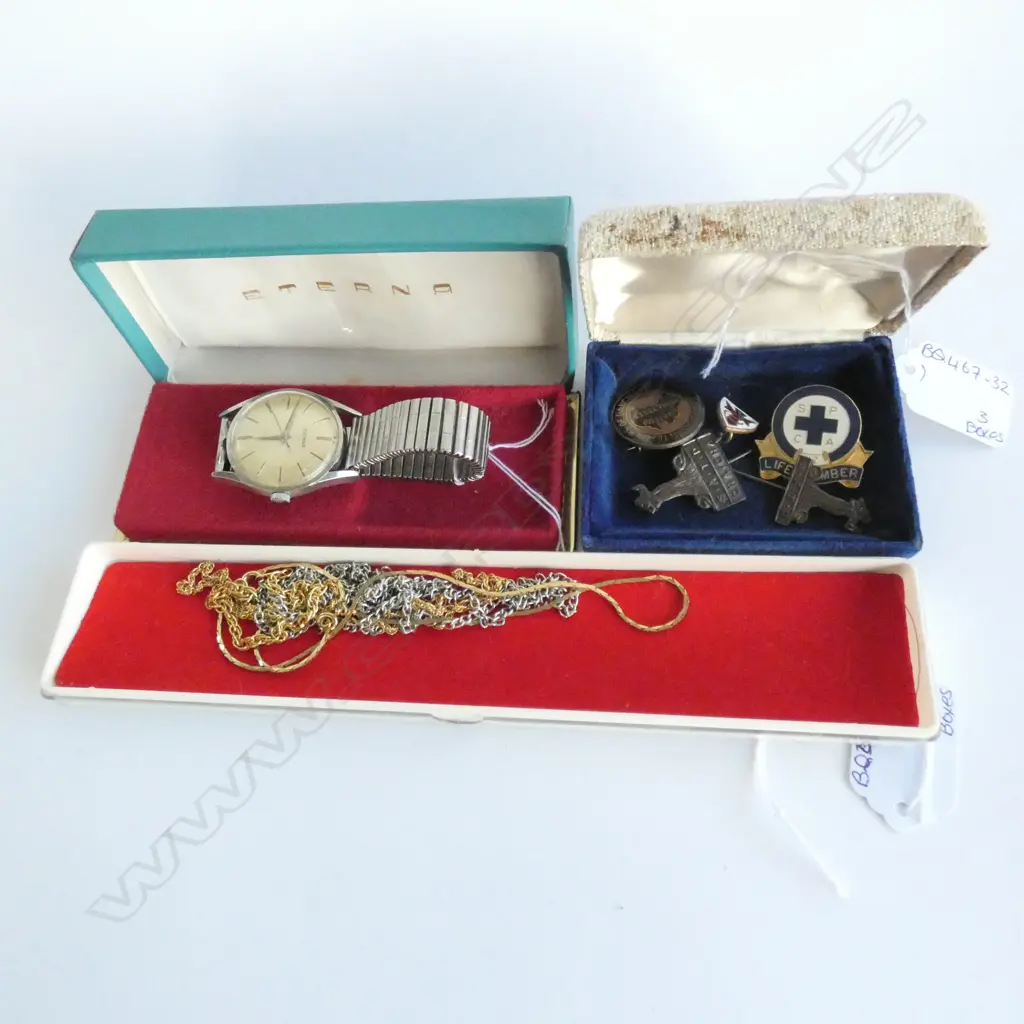 FIVE OLD BADGES, 1 OLD ETERNA GENTS WATCH, ASSORTED CHAINS. Image 1++