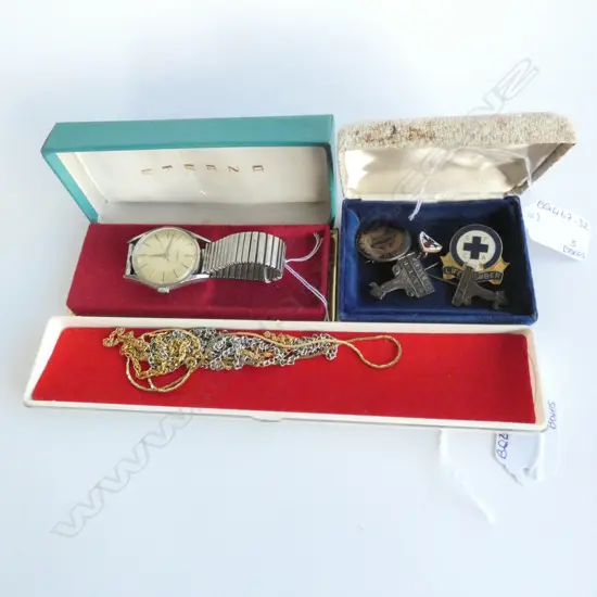 FIVE OLD BADGES, 1 OLD ETERNA GENTS WATCH, ASSORTED CHAINS.