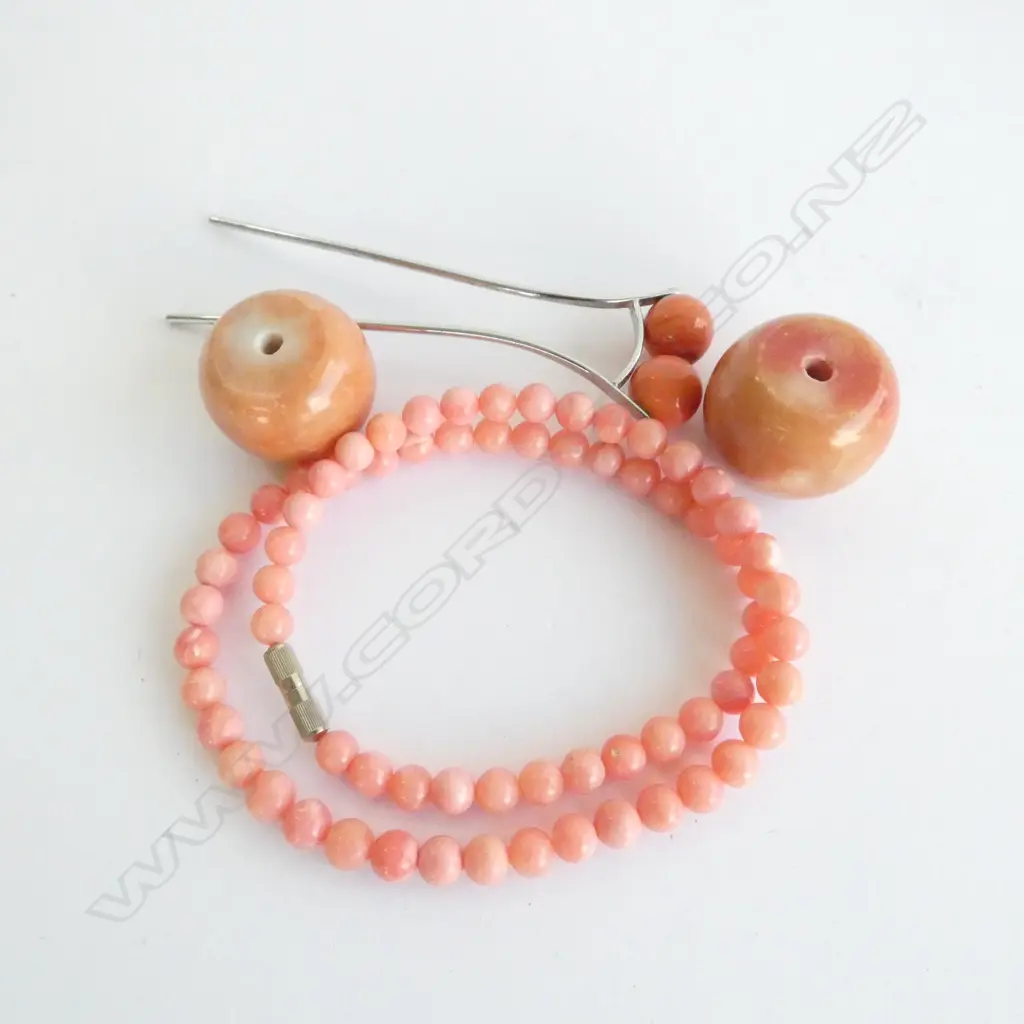 SMALL BAG CORAL BEADS & NECKLACE & JAPANESE MATERIAL BROOCH Image 1++