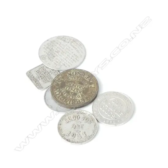 SIX ASSORTED OLD NZ TOKENS, LOAF BREAD ETC.