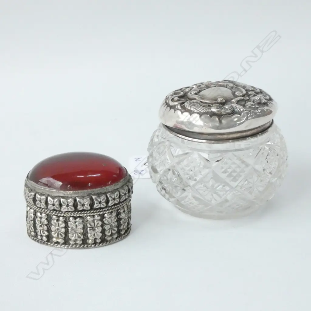 2 VANITY JARS/BOXES. 1 WITH SILVER TOP Birm.1902 Image 1++