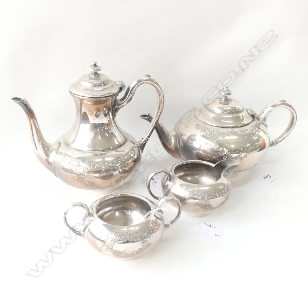 SILVER PLATE 4-PCE SET; COFFEE POT, TEAPOT, SUGAR BOWL & CREAMER JUG Image 1++