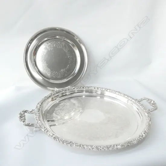 SILVER PLATED TWO HANDLED TRAY DIA 420MM + SM. SILVER PLATE TRAY DIA. 290MM