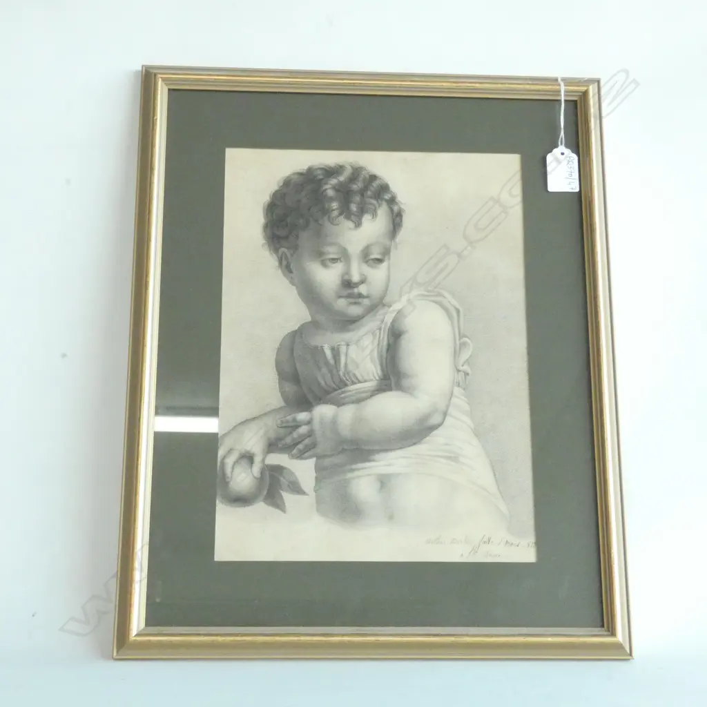 ORIGINAL 19thC DRAWING BOY W FRUIT SIGNED Image 1++