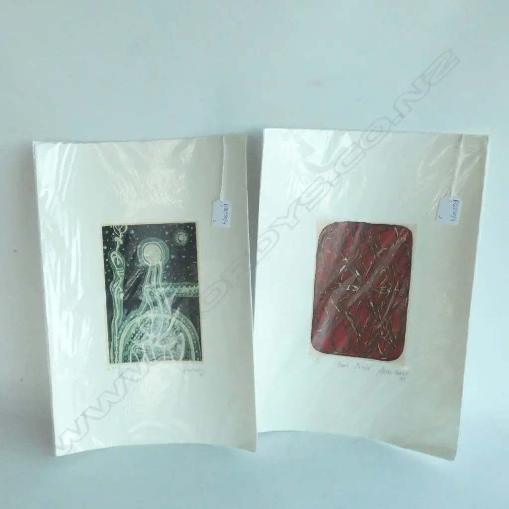 2 ARONE R. MEEKS (AUSTRALIAN INDIGENOUS 1957 - 2021) 'BOAB SHIELD' & 'TIDAL MOON' ARTIST PROOF PRINTS 175 X 120MM Image 1++