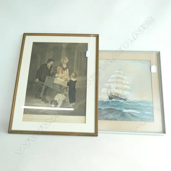 SIGNED OLD SAILING SHIP PAINTING ( 270 X 285MM) & FRAMED 'CRIES OF LONDON' PRINT 270 X 375MM