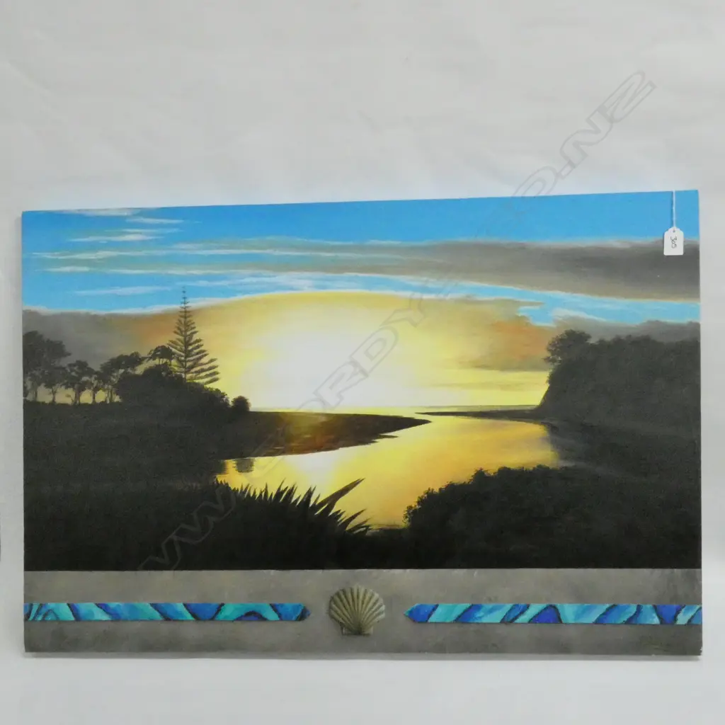 4 ARTWORKS; PASTEL STILL LIFE, OCEAN SUNRISE OIL, SQ ABSTRACT OIL, LANDSCAPE  Image 1++