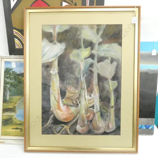 4 ARTWORKS; PASTEL STILL LIFE, OCEAN SUNRISE OIL, SQ ABSTRACT OIL, LANDSCAPE 